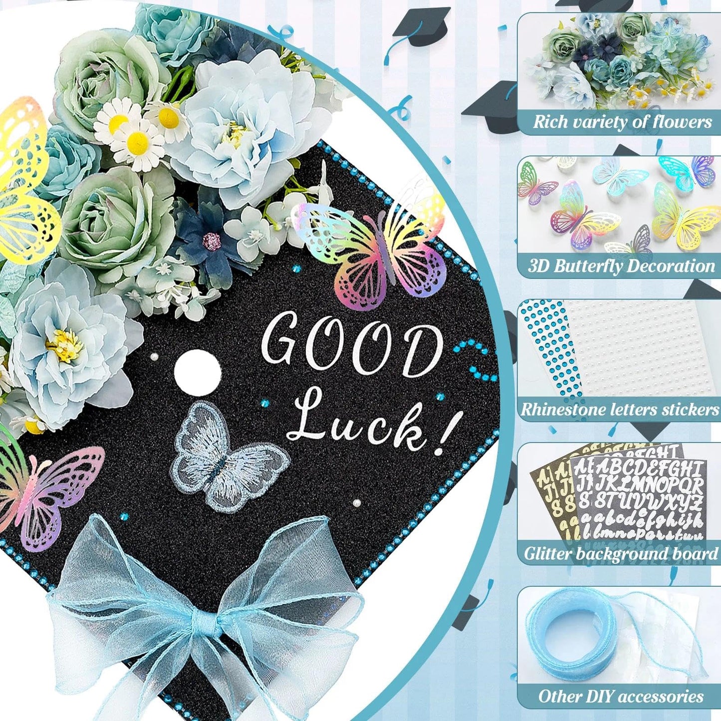 HCKLM Graduation Cap Decorations Kit - Assorted Flowers 3D Butterfly Stickers Glitter Rhinestones Alphabet Letter Number Stickers for DIY Grad Cap Topper 2026 Graduation Party Supplies (Blue)