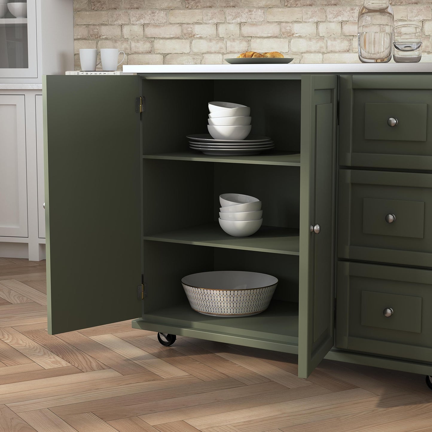 Homestyles Mobile Kitchen Island Cart with Stainless Steel Top, Sage Green