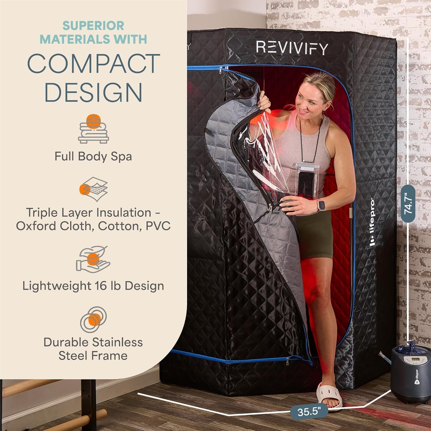 LifePro Revivify Deluxe Portable Sauna for Home with Red Light Therapy — Easy-to-Use Portable Infrared Sauna for Home — 2.6L Steamer & 6 Essential Oils