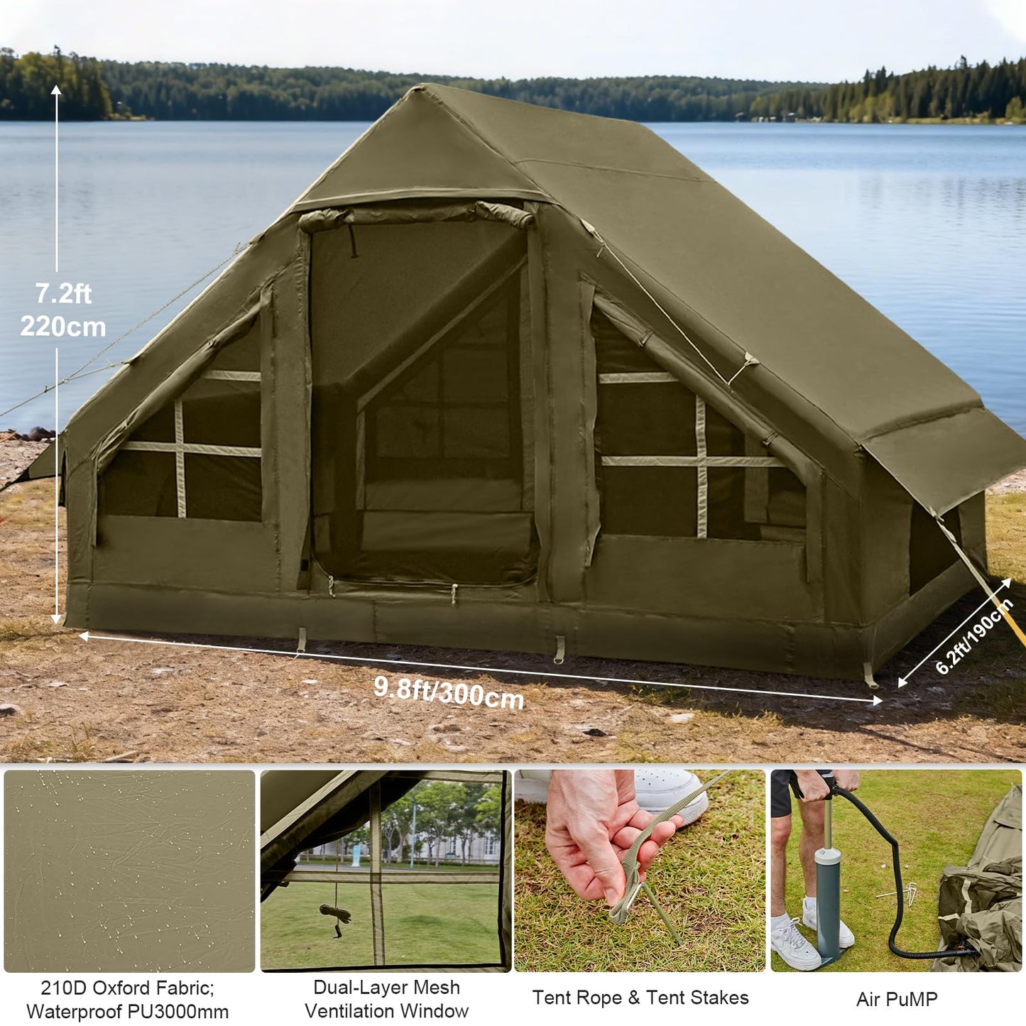 Inflatable Tents for Camping, 4-6 Person Easy Blow Up Tent with Hand Pump,4 Seasons Waterproof Air Inflatable Camping Tent House for Family Weekend Camping，Green
