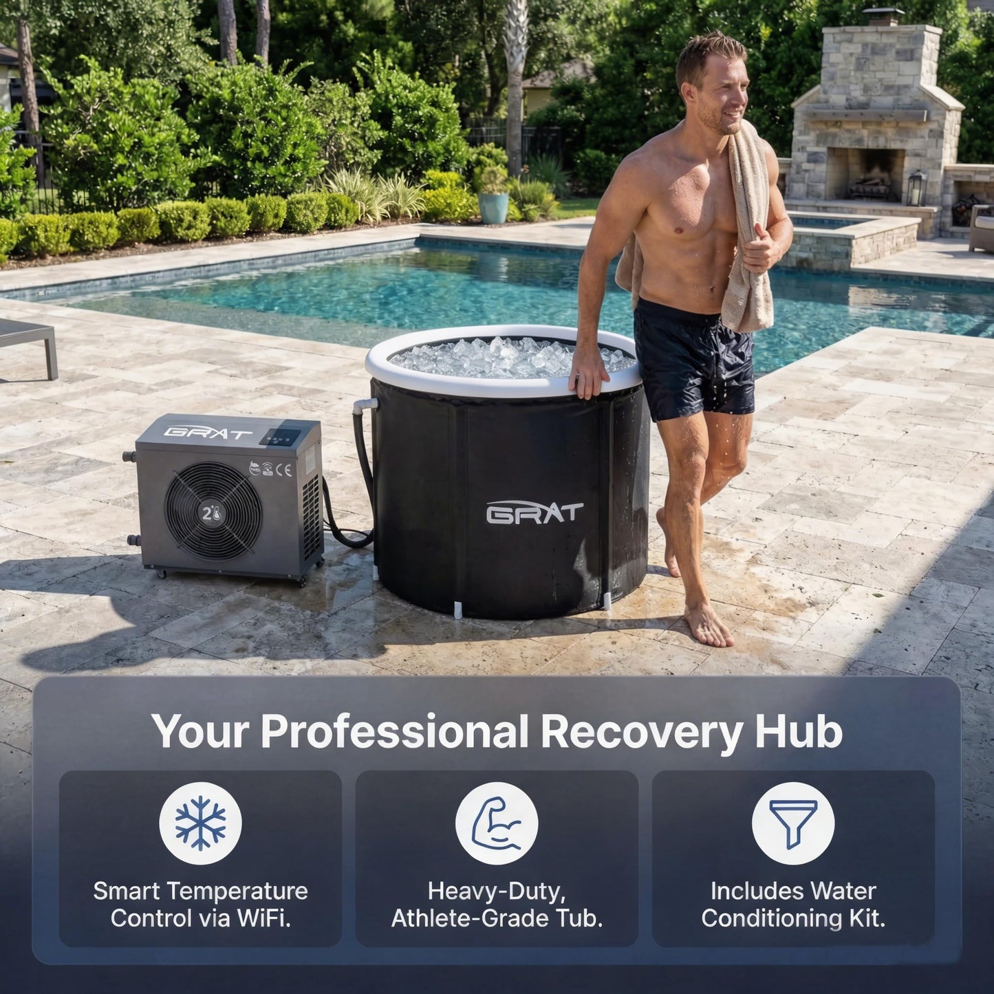 GRAT 1.5HP Cold Plunge Chiller 88 Gallon Ice Bath Tub, 10500BTU Portable WiFi Cold Water Immersion Tub, Water Treatment Kit, Wheels & Backpack for Athletes, Home Gym & Outdoor Use, Cools to 36°F