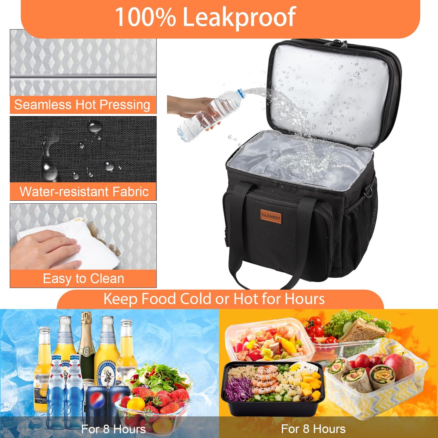 Expandable Insulated Large Lunch Box, Double Deck Heavy Duty Durable Lunch Bag Leakproof Cooler Bags for Men Women Adults Work Shift Flight Beach Daytrip, 20 Can, Black, GLENKEY