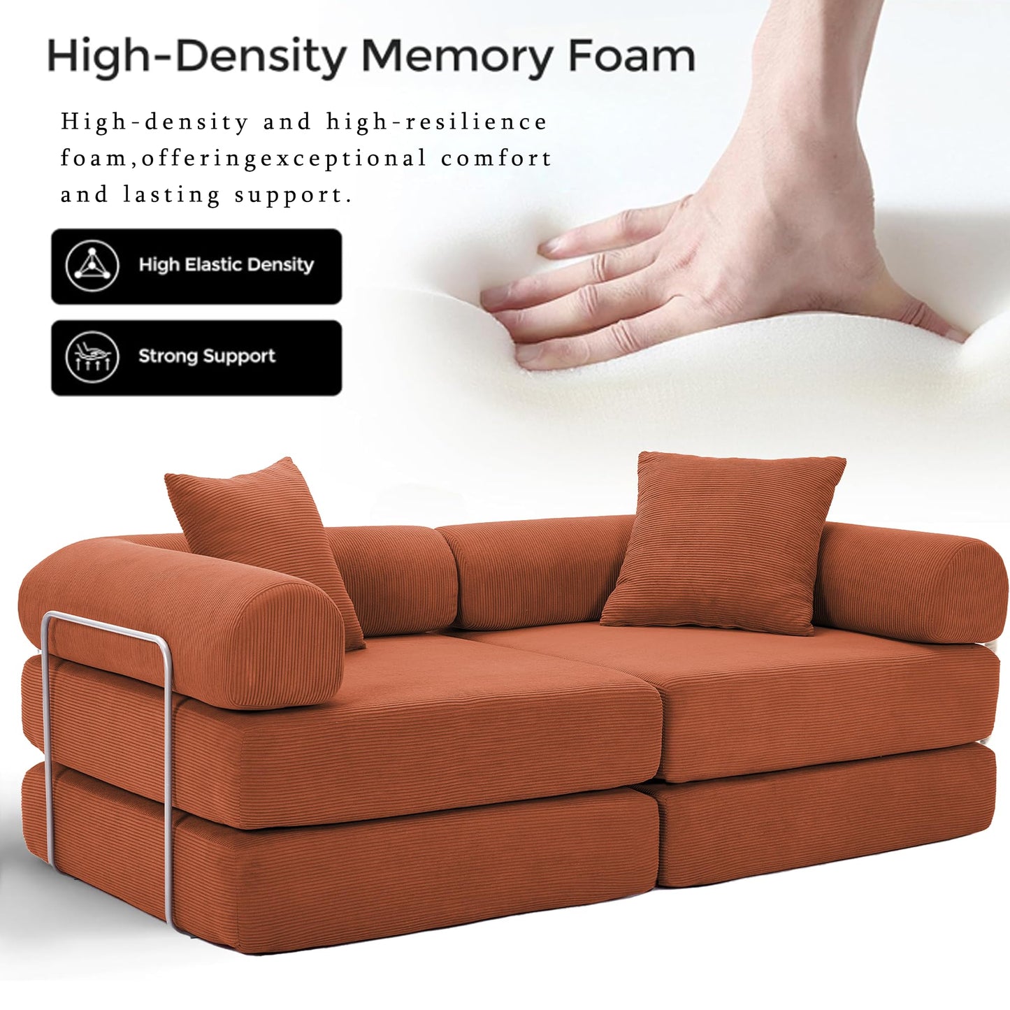KEIKI 73" Corduroy Modular Sofa Bed with Removable Rolled Armrests and 2 Throw Pillow, Modern Style Convertible 2-Seater Upholstered Couch, No Assembly, for Apartment, Living Room, Orange