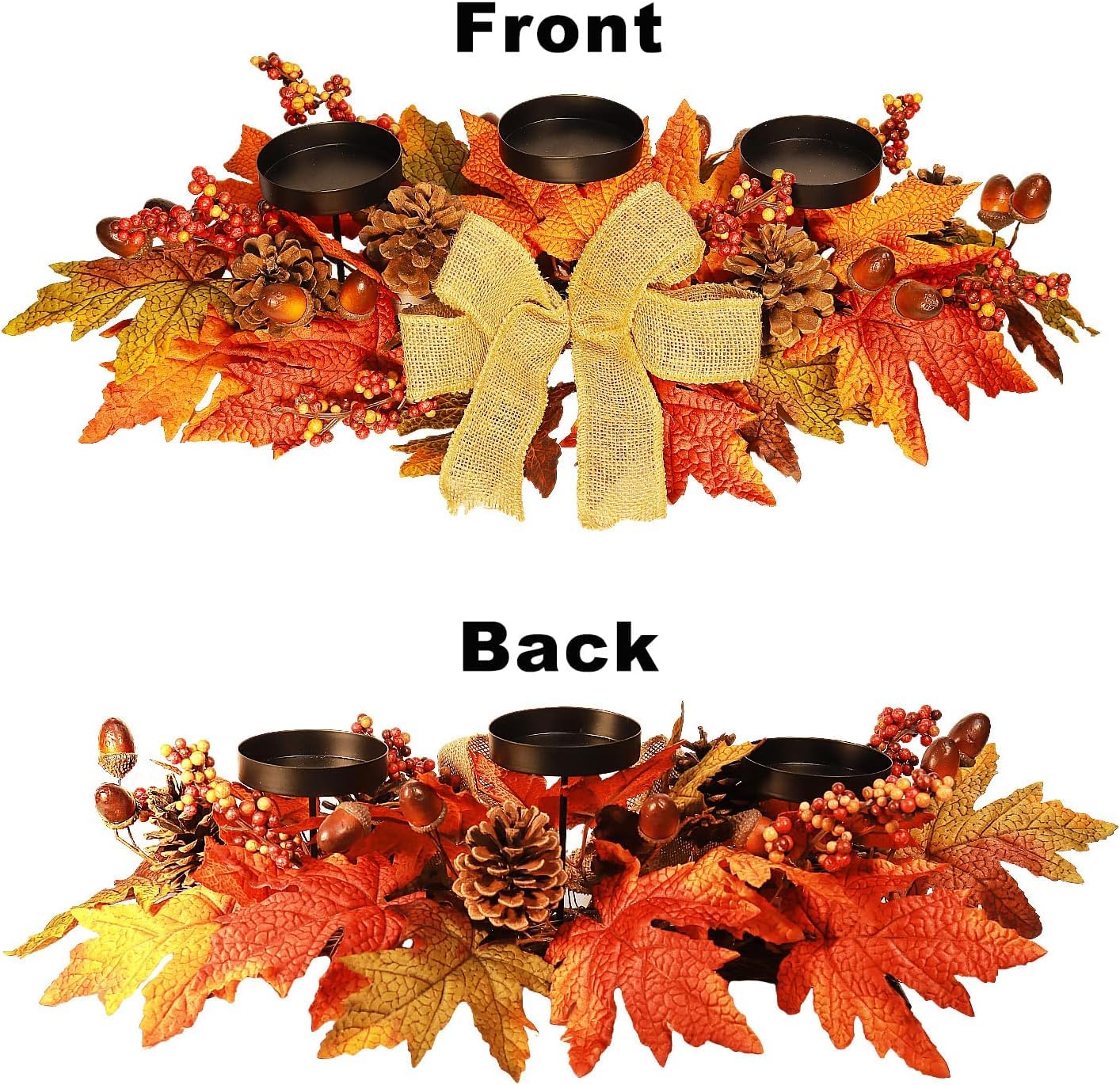 Fall Candle Holder Centerpiece with Maple Leaves, Pinecones, Berries & Burlap Bow,Thanksgiving Table Centerpiece Decoration for Dining Table, Mantel & Autumn Harvest Home Décor