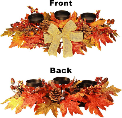 Fall Candle Holder Centerpiece with Maple Leaves, Pinecones, Berries & Burlap Bow,Thanksgiving Table Centerpiece Decoration for Dining Table, Mantel & Autumn Harvest Home Décor
