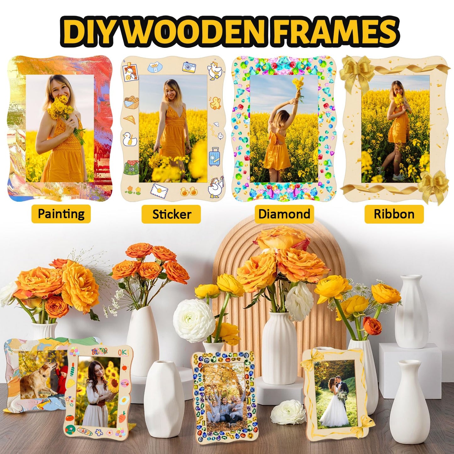 RYKOMO 15 Pack Wooden Picture Frames for Crafts, Wooden Frames for 4 x 6 Photos, Unfinished Wood Frame for New Year Valentine's Day Gift Birthday Art Projects, Father's Day, Mother's Day Decorate(Wave Shape)