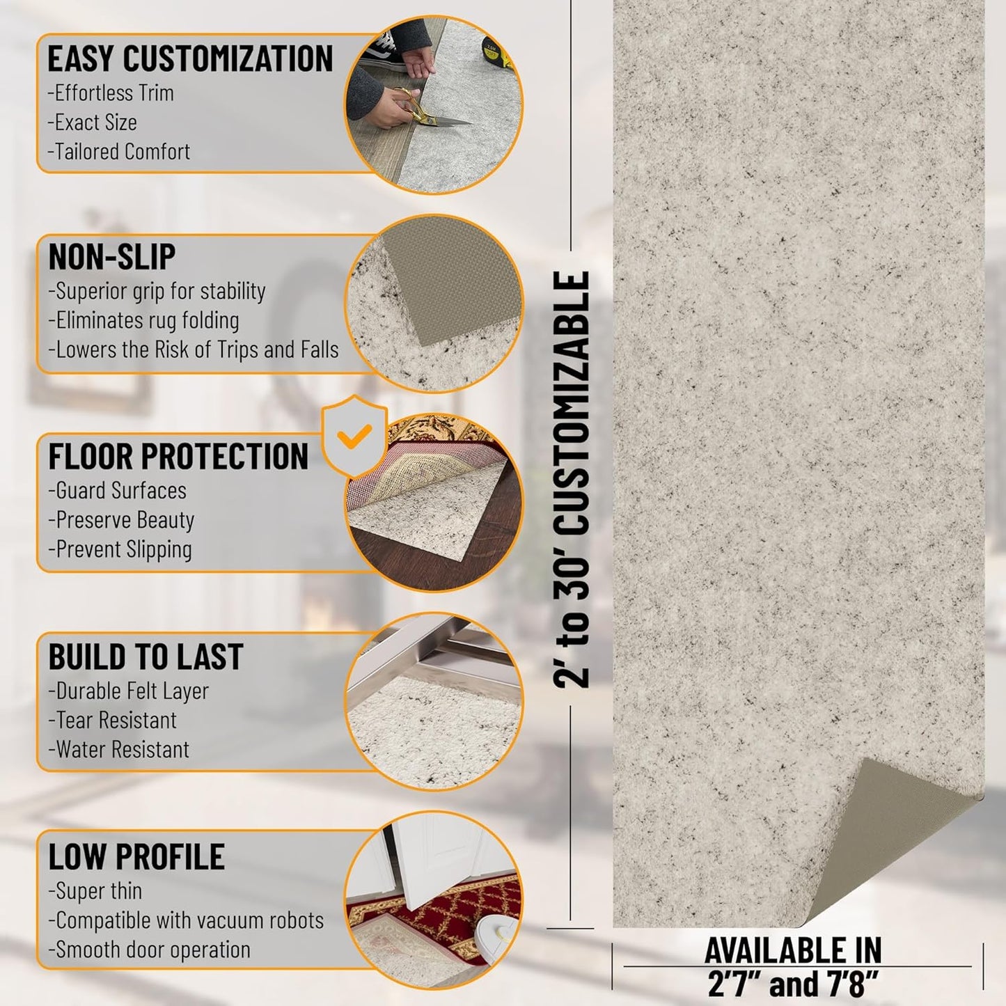 2'7" 7' 1/12 Inch Ottomanson x Non-Slip Rug Pad Gripper Ultra Thin Dual Surface Felt + Rubber Gripper - Safe for All