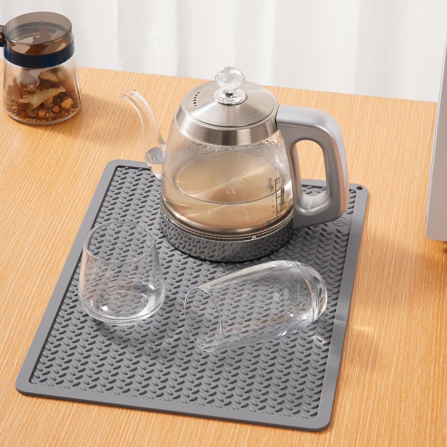 Silicone Drying Mat & Heat Resistant Mat for Kitchen Counter, Non-Slip Dishwasher Safe, Raised Edge for Dishes Bottles Sink (15.35x11.61in, Gery)