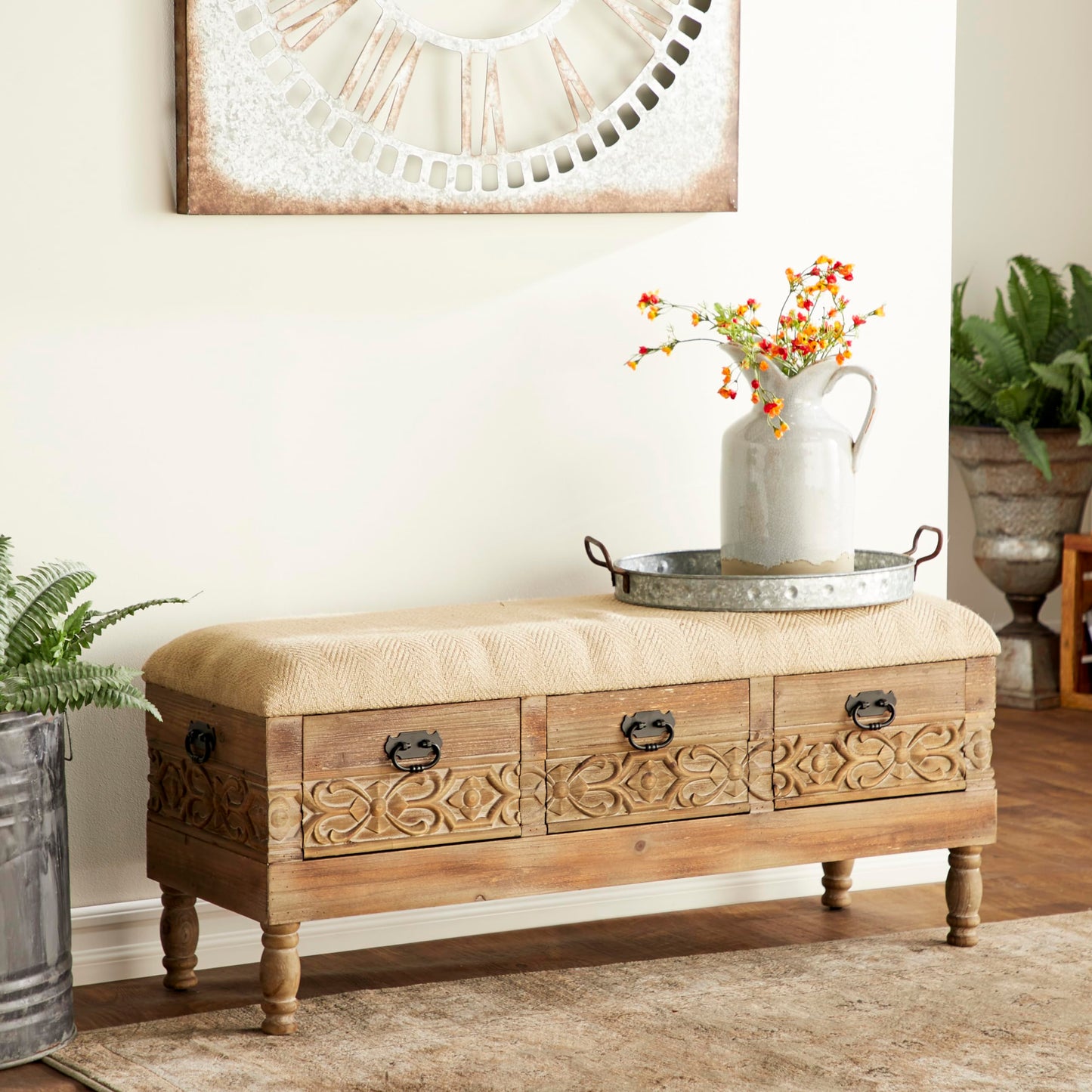Deco 79 Wood Floral Room Storage Bench Intricately Carved Entryway Bench with Cream Burlap Top, Bench 47" x 16" x 20", Brown