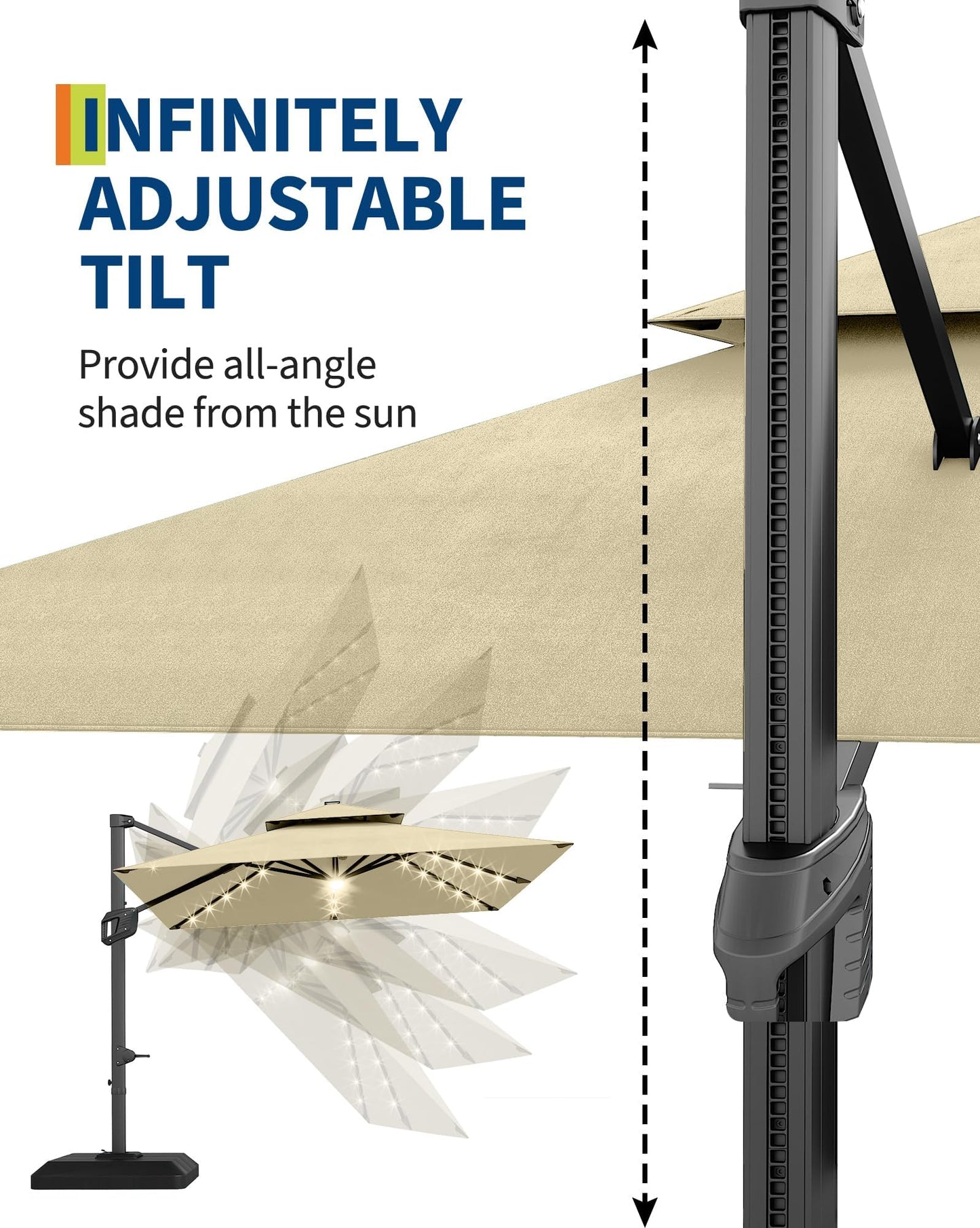 ActiveTrail 10ft Cantilever Patio Umbrella with Solar Lights & Base Included, 360° Rotation, Easy Crank Tilt, UV50+ Outdoor Umbrella—LED Lighting, Wind Vent, Offset Shade for Deck, Pool, or Backyard