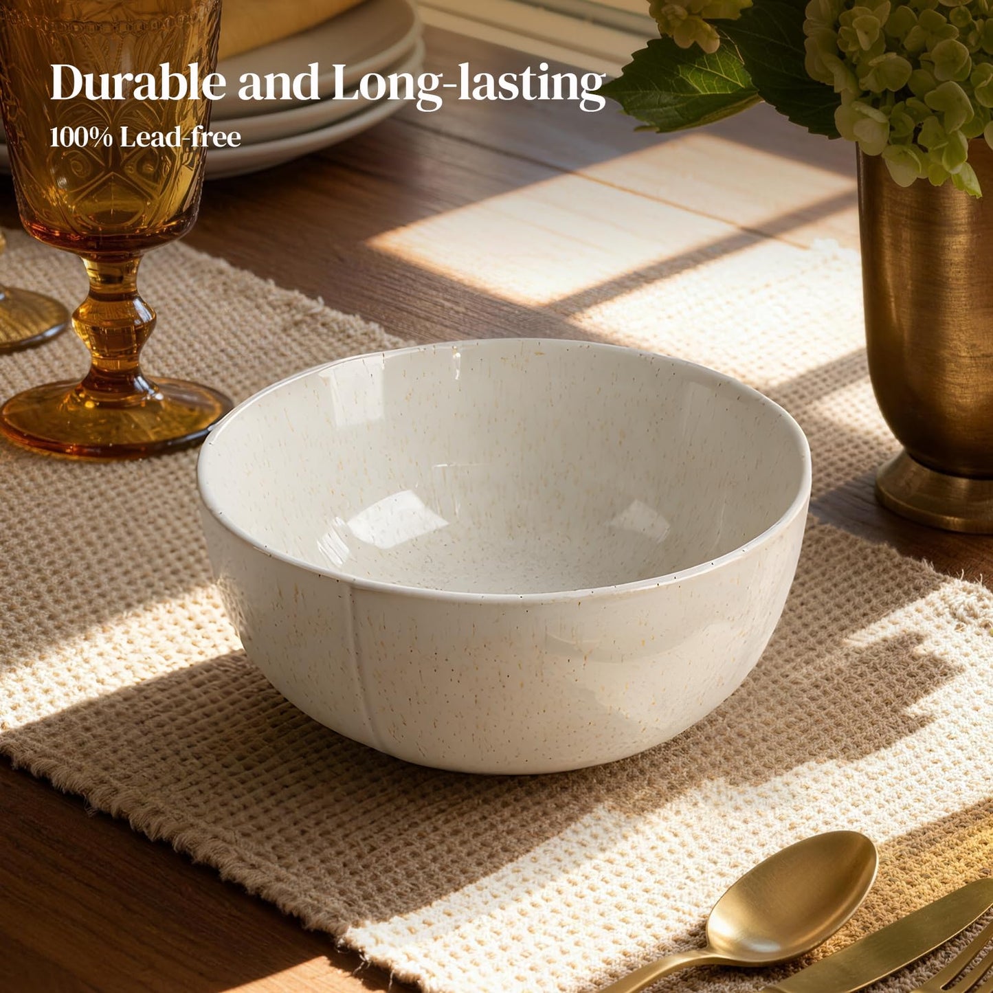DOWAN 32 OZ Soup Bowls Set of 4, 6" Large Deep Ceramic Bowls with Embossed Sesame Glaze for Kitchen, Oatmeal, Soup, Salad, Fruit, Dishwasher & Microwave Safe
