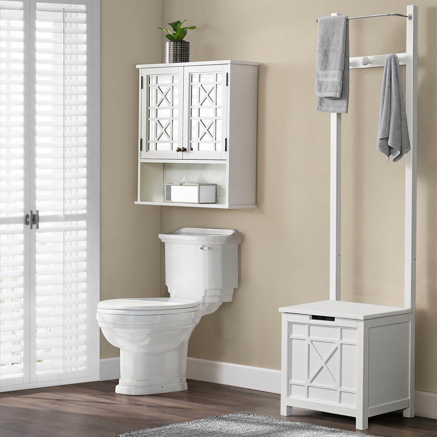 Derby Laundry Hamper with Seat & Towel Rack – Storage Stool for Entryway, Laundry Room, or Bathroom by Alaterre Furniture (White)