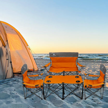 CAMPHILL Camping Set of 4 including Table. Heavy Duty Outdoor Folding Chairs with Cup Holder. Collapsible, Includes One Sofa & Two Single Chairs, Plus Camping Table