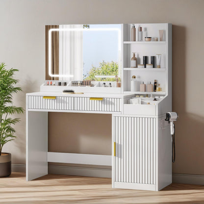 YITAHOME Large Makeup Vanity Desk with Mirror and Lights, Fluted Vanity Table with 2 Drawers & Adjustable Shelves, Makeup Mirror in 3 Modes Lighting, Dressing Table Set w/Charging Station, White