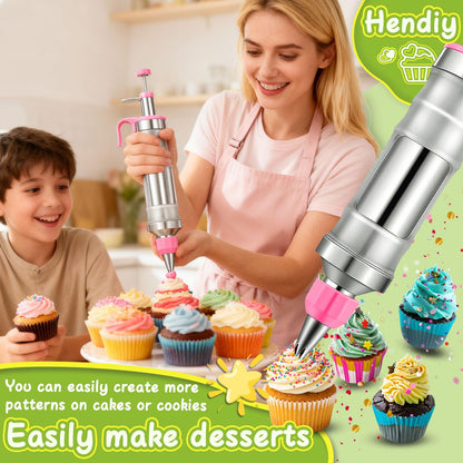 Hendiy Dessert Decorating Syringe Set, Frosting Piping Kit Stainless Steels Cake Decorating Kit with 6 Piping Tips & 9 silicone cupcakes, Cupcake Decorating Kit Piping Bags and Tips Set