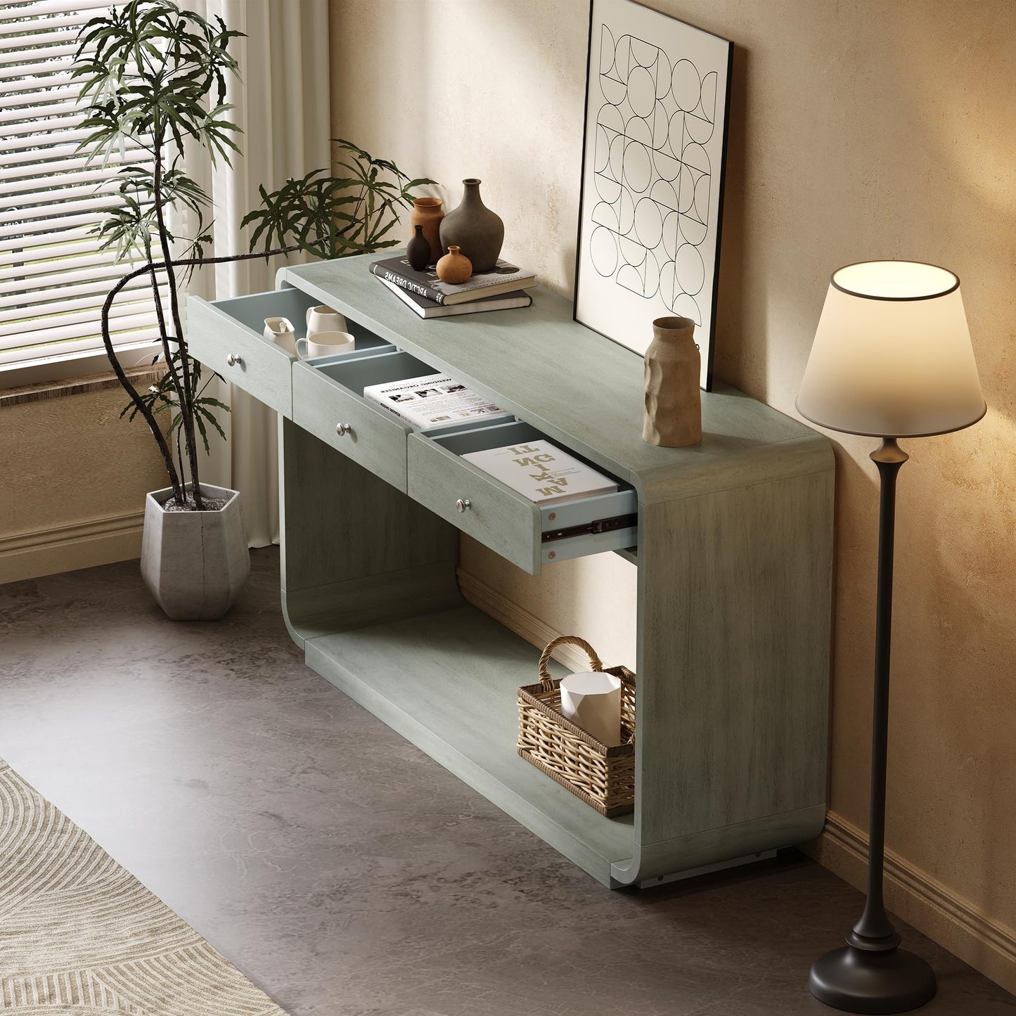 Christopher Knight Home Hiro Narrow Console Table with Storage, Wood Entryway Table with 3 Drawers and 1 Bottom Shelf, Long Entryway Table with Storage, Display Table with Curved Design, Sage Green