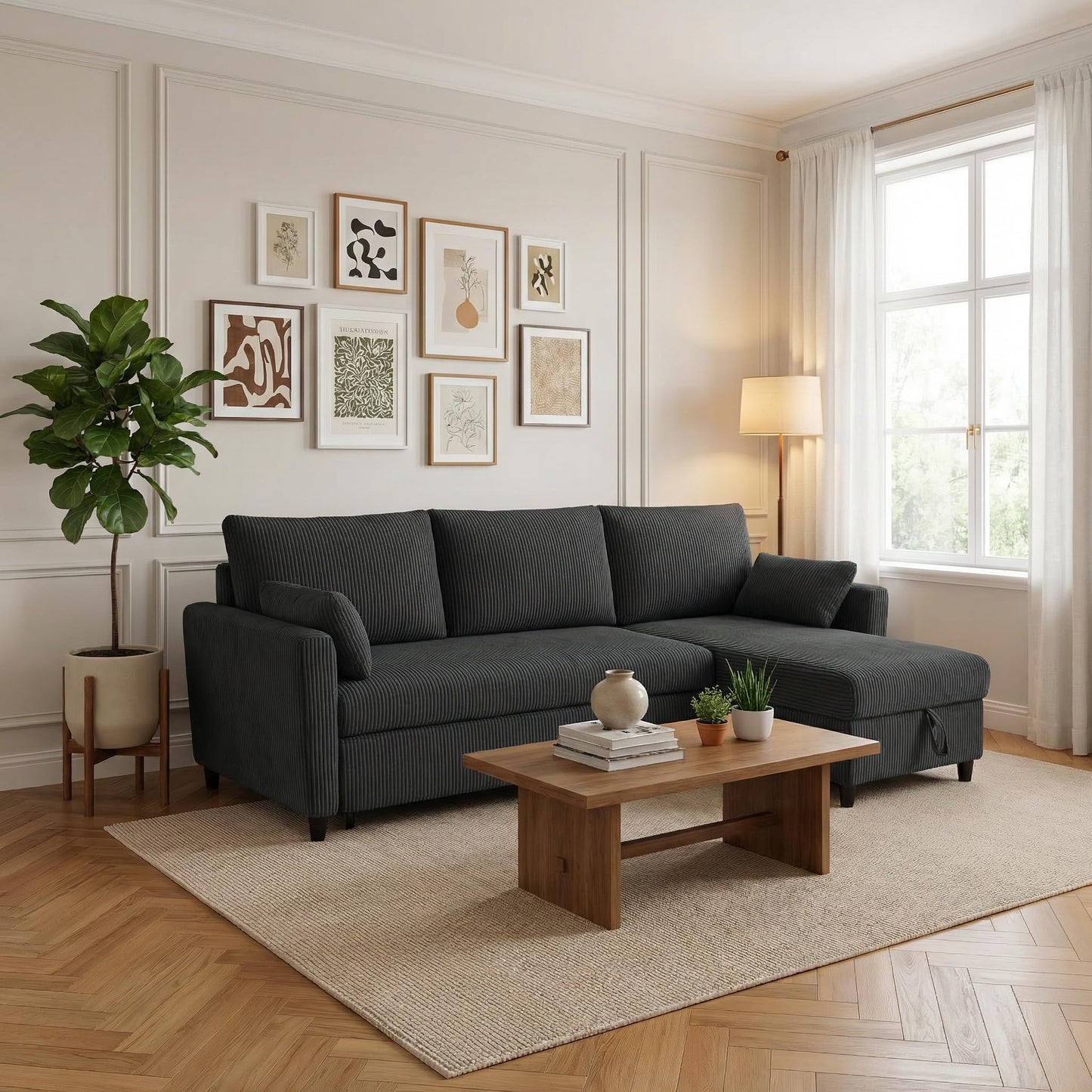 Trygoal Sectional Sleeper Sofa with Pull Out Bed, L Shape Convertible Sofa Bed Couch with Storage Chaise, 3 in 1 Pull Out Sofa Bed with 3 Seats for Living Room,Apartment, Black, 85Inch