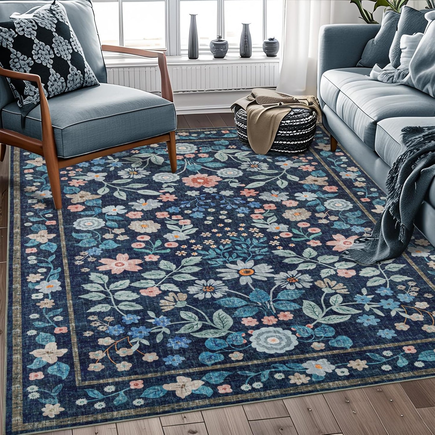 5x7 Blue,5'x7' YIHOUSE Blue Area Rug, Washable Bedroom Rug Floral Non Slip Soft, Colorful Flower Throw Carpet