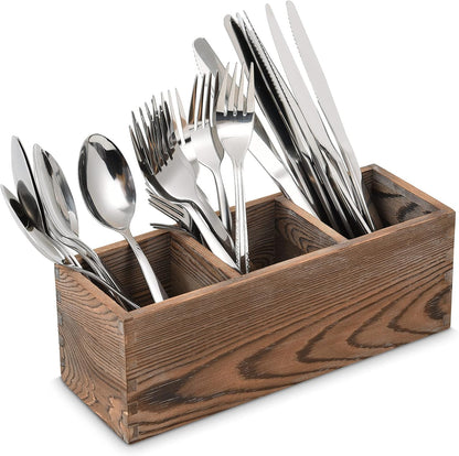 Wooden Silverware Organizer with 3 Spacious Compartments, Cooking Spatula Holder, Kitchen Utensil Flatware Caddy