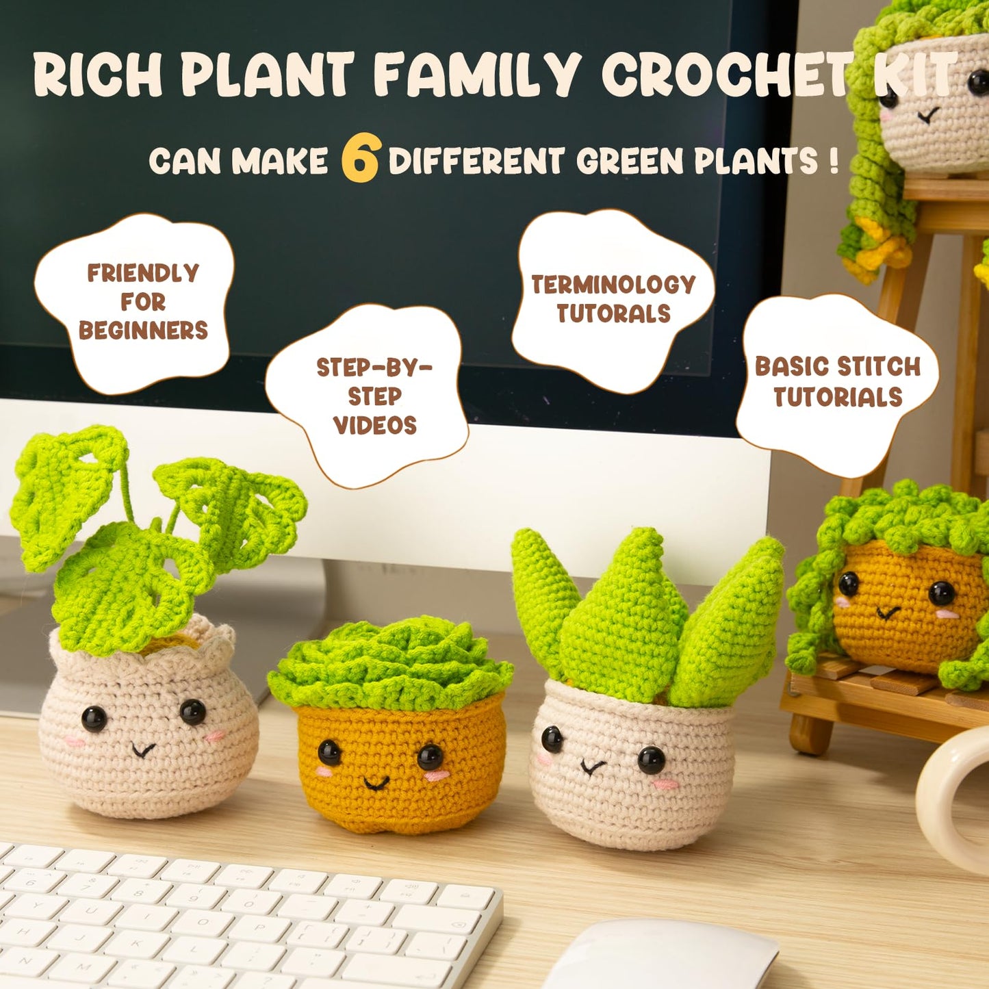 MAGIMUSE Crochet Kit for Beginners,Crochet Starter Kits with Step-by-Step Video Tutorials, DIY Craft Kits Amigurumi Knitting Supplies, Monstera Plant Family (40%+ Yarn)