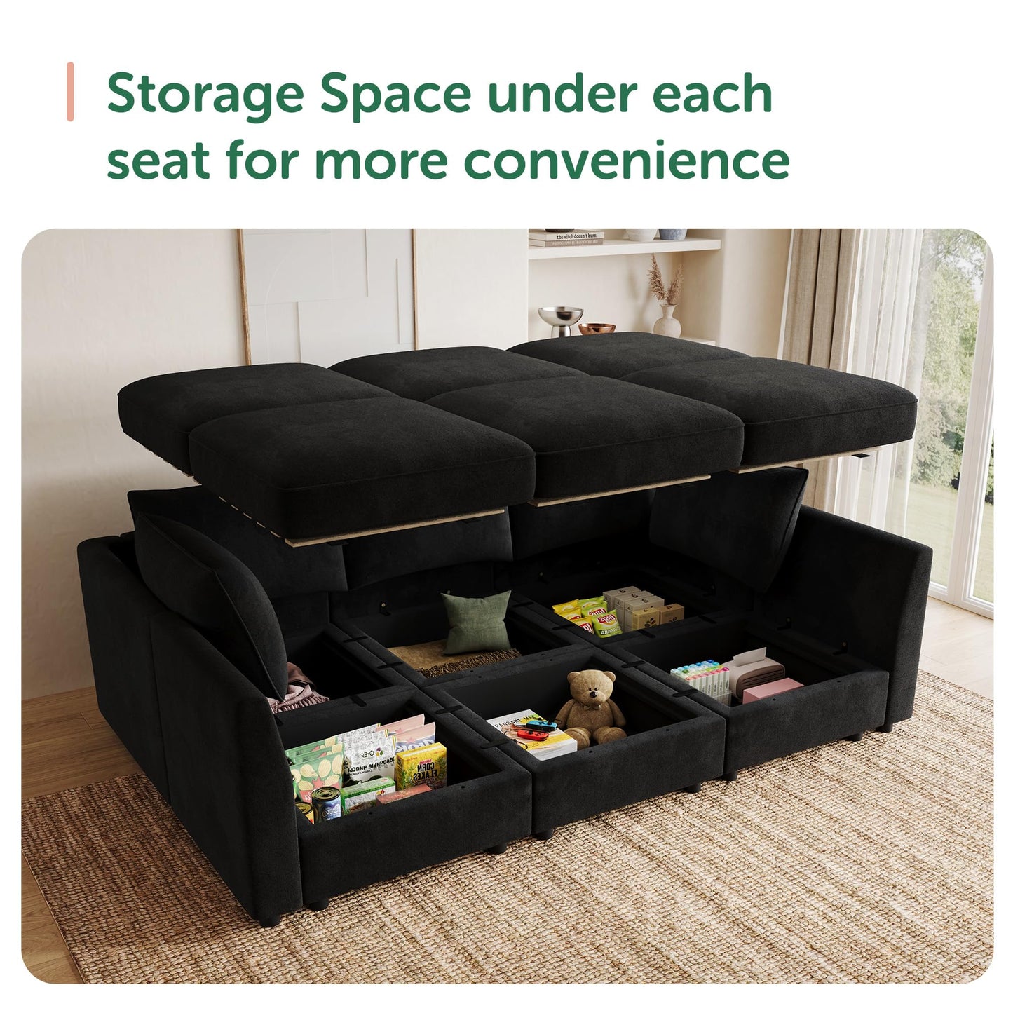 HONBAY Modular Sectional Couch Velvet Sleeper Sofa with Storage Seat Sectional Couches for Living Room,Black