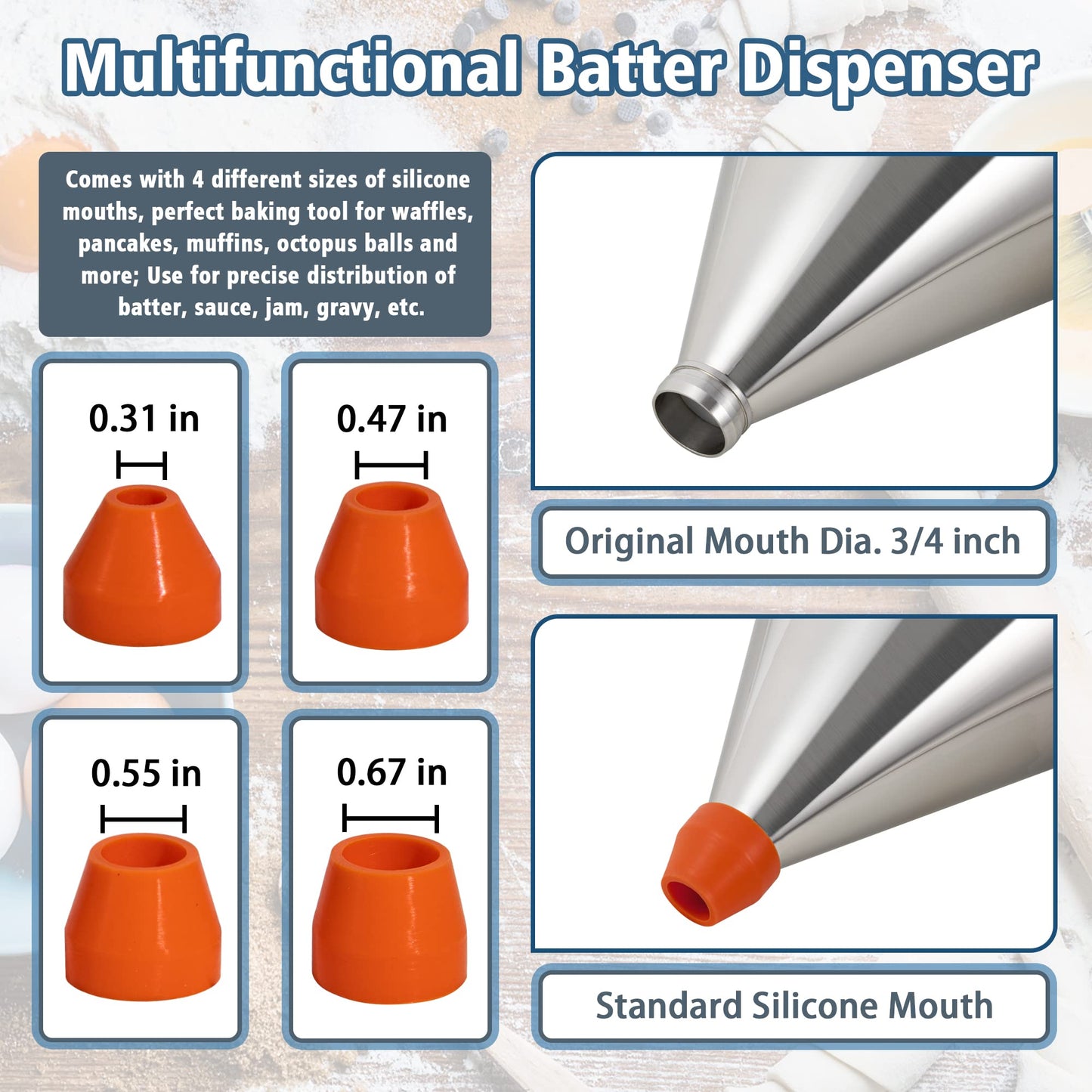 MyLifeUNIT Pancake Batter Dispenser, 40oz Multi-Caliber Stainless Steel Funnel Cake Dispenser with Stand Great for Pancakes, Cupcakes or Any Baked Goods