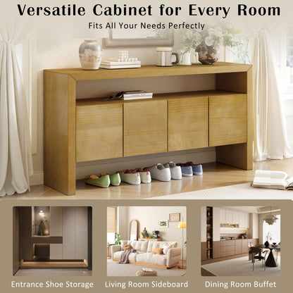 GDFStudio 60" Modern Buffet Cabinet with 4 Doors and Open Shelf, Solid Wood Veneer Sideboard Cabinet Credenza Storage Console Table for Kitchen Dining Room Living Room Entryway Coffee Bar, Natural