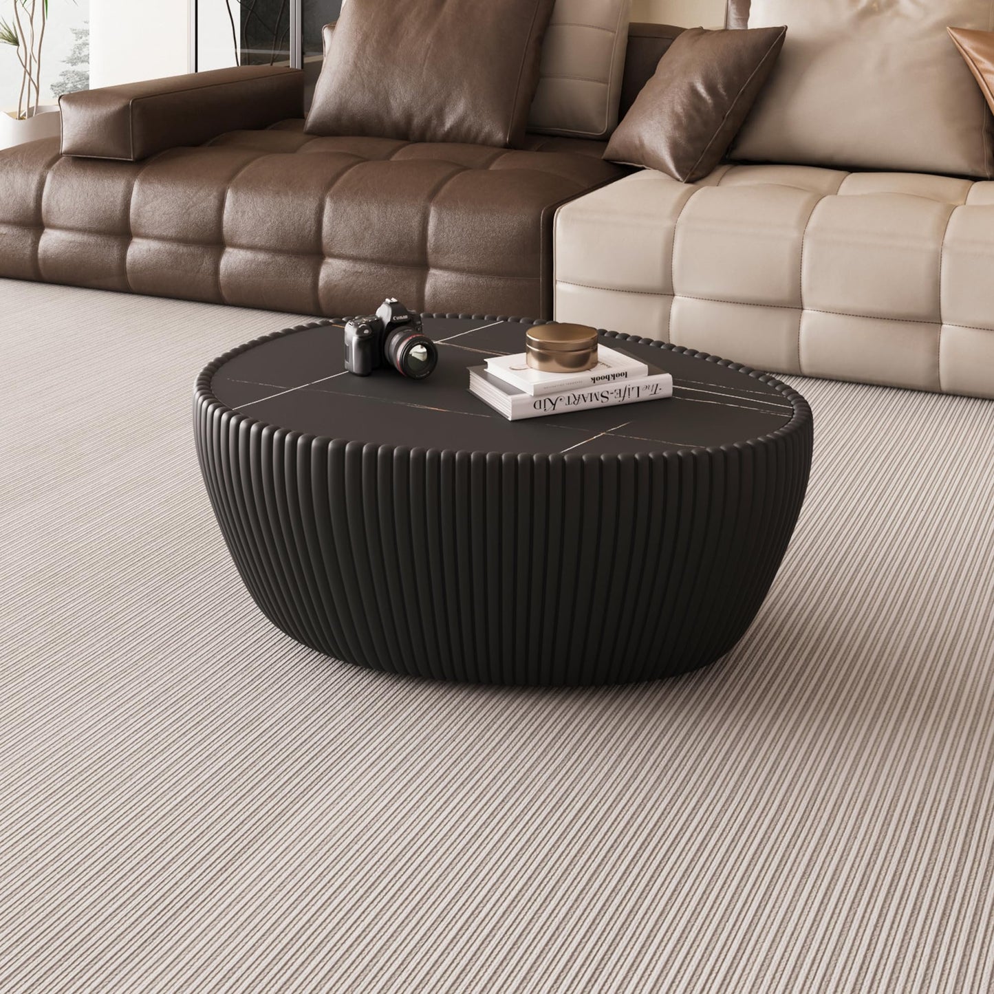 KEIKI 32.1" Goose Eggs Shape Coffee Table, Modern Sofa Side Table with Marble Top & Leather Wrap, Small End Table for Living Room, Bedroom, Office, Black