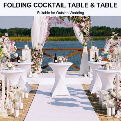 HTVSHEE 2 Set 32" Cocktail Tables Round Folding High Top Tables with Removable Legs & 2 White Stretch Table Cover Hightop Table for Bar Indoor Parties Patio Wedding