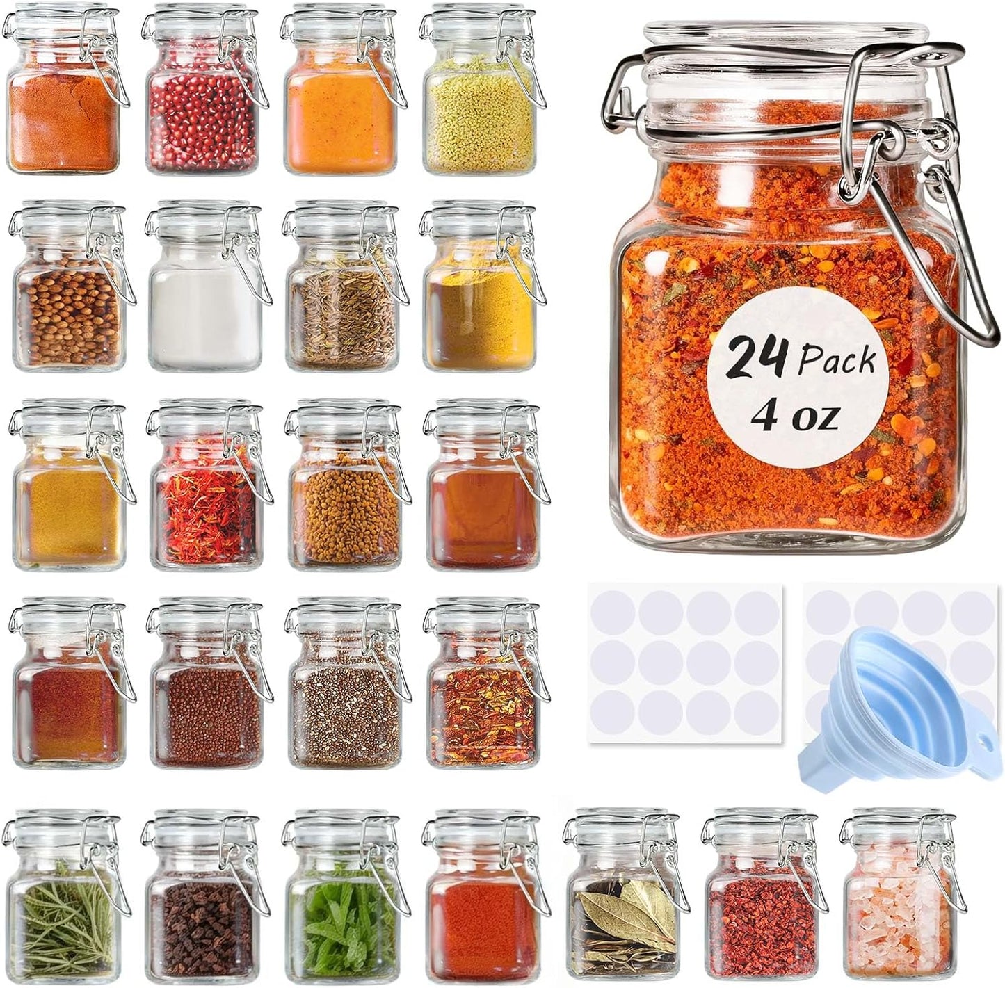 24 Pack 4oz 24 SPANLA Spice Jars, Small Glass Jars with Airtight Hinged Lid, With Spice Labels & Silicone Funnels