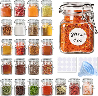 24 Pack 4oz 24 SPANLA Spice Jars, Small Glass Jars with Airtight Hinged Lid, With Spice Labels & Silicone Funnels