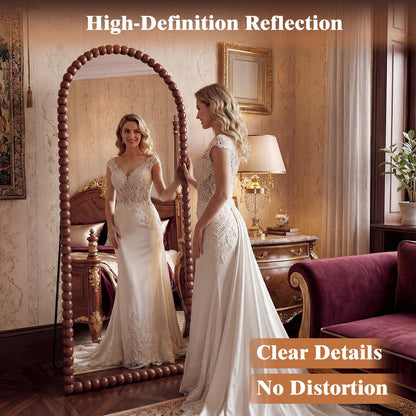 FlyEcho Arched Full Length Mirror, 71"x28" Antique Beaded Full Body Mirrors, Large Floor Mirror with Stand, Hanging Mounted for Bedroom Living Room Cloakroom Hallway Decor, PU Frame, Brown