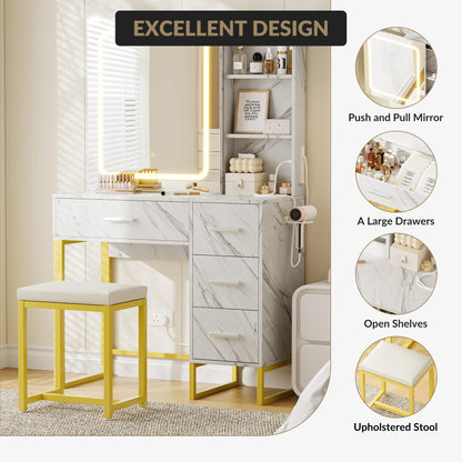 57'' Large Vanity Desk with Mirror & Lights, Makeup Vanity Table with Charging Station,