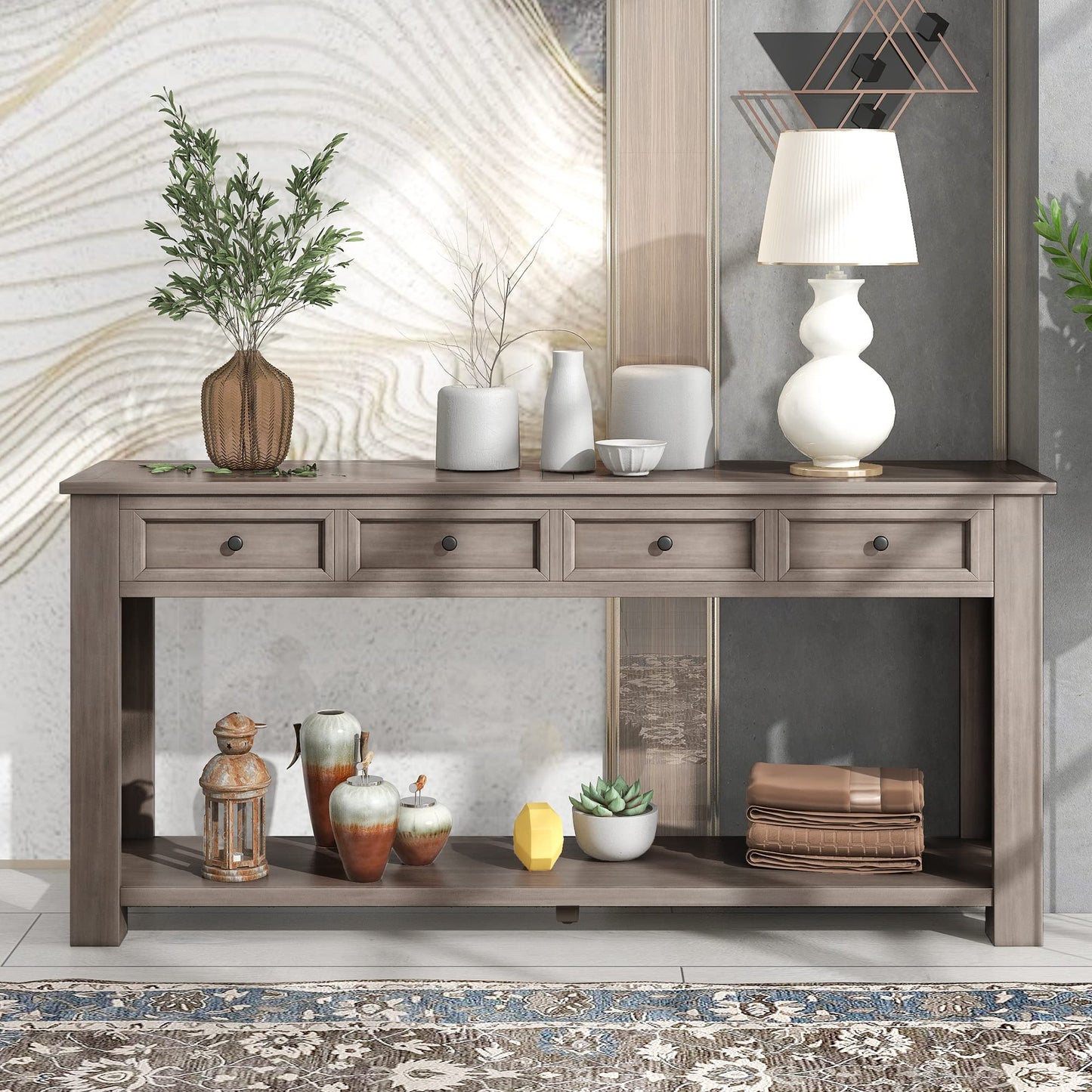 KTATK Solid Wood Console Sofa Table with 4 Drawers and Tabletop,Bottom Shelf for Entryway Hallway or Living Room,Space Saving,Easy to Assemble,Gray Wash,63" L×14" W×30" H