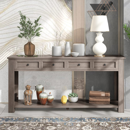 KTATK Solid Wood Console Sofa Table with 4 Drawers and Tabletop,Bottom Shelf for Entryway Hallway or Living Room,Space Saving,Easy to Assemble,Gray Wash,63" L×14" W×30" H