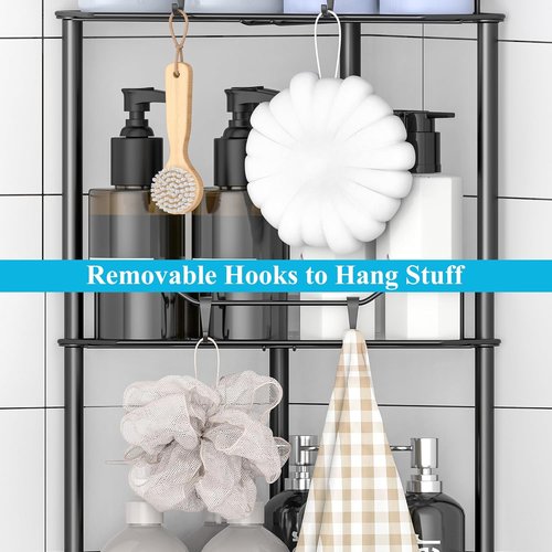 HuggieGems Corner Shower Caddy Organizer - 2 Tier Floor Standing Shelf with Hooks | Black Finish