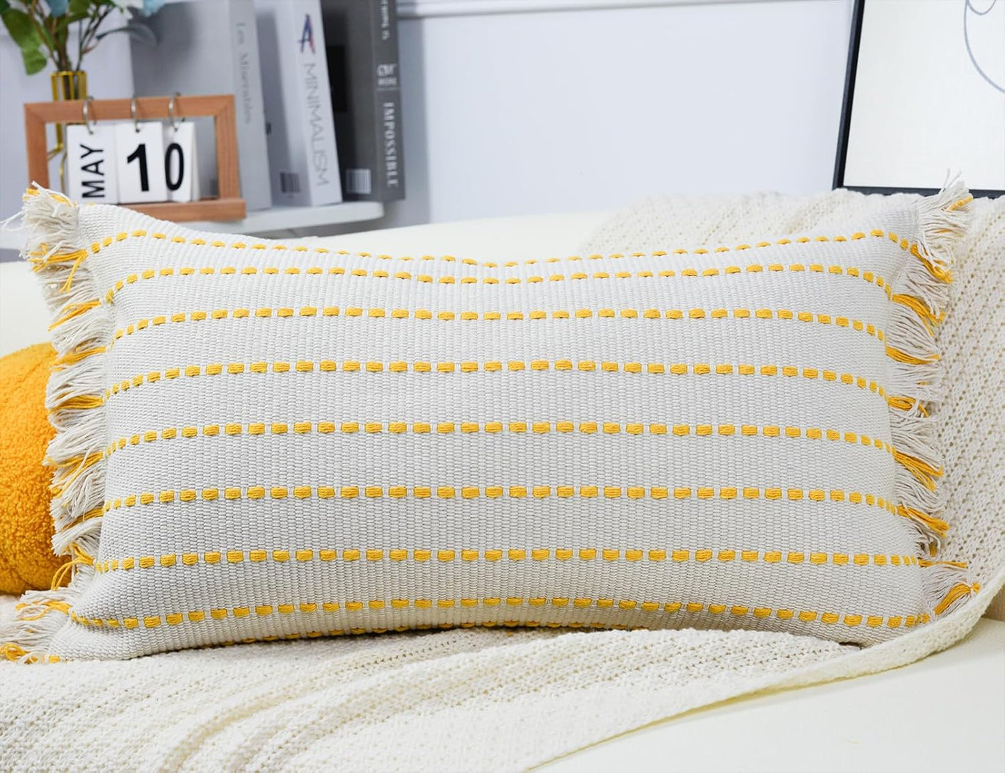 16 26,Clasic Decorative Farmhouse Fringed Long Lumbar Throw Pillow Cover x Striped Textured Cotton Boho Decor Long