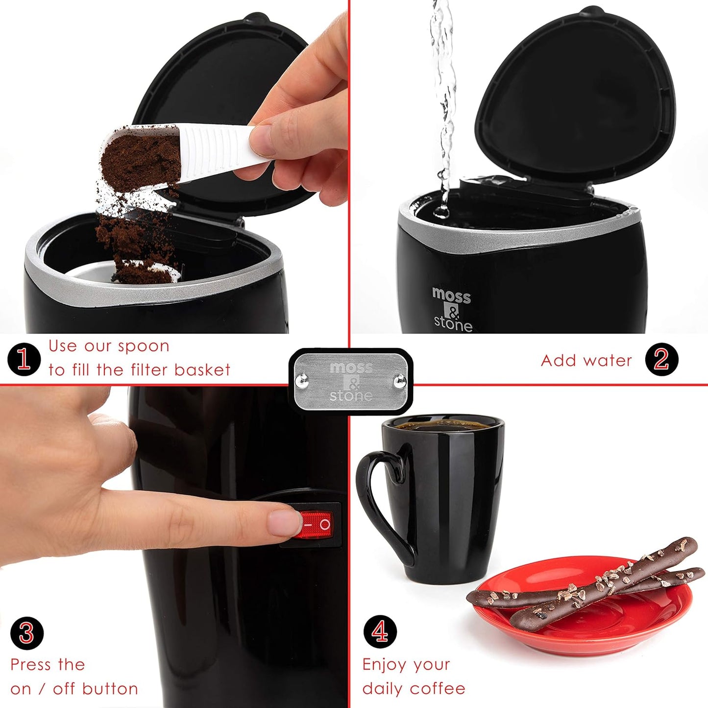 Moss & Stone Mini Drip Coffee Maker with Mug, Small Coffee Pot with 4oz Cup, One Cup Coffee Maker