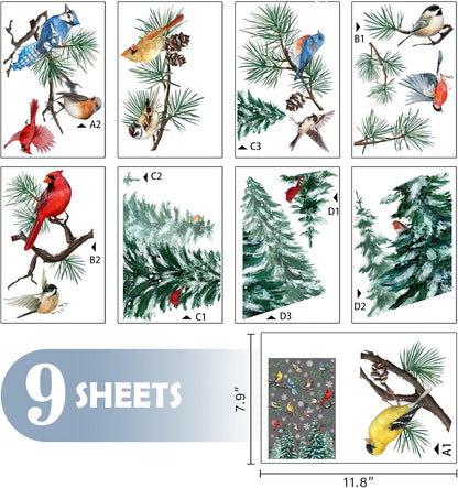 Mfault 187 PCS Winter Birds Pine Tree Branch Window Clings, Xmas Red Cardinal Blue Chickadee Decor