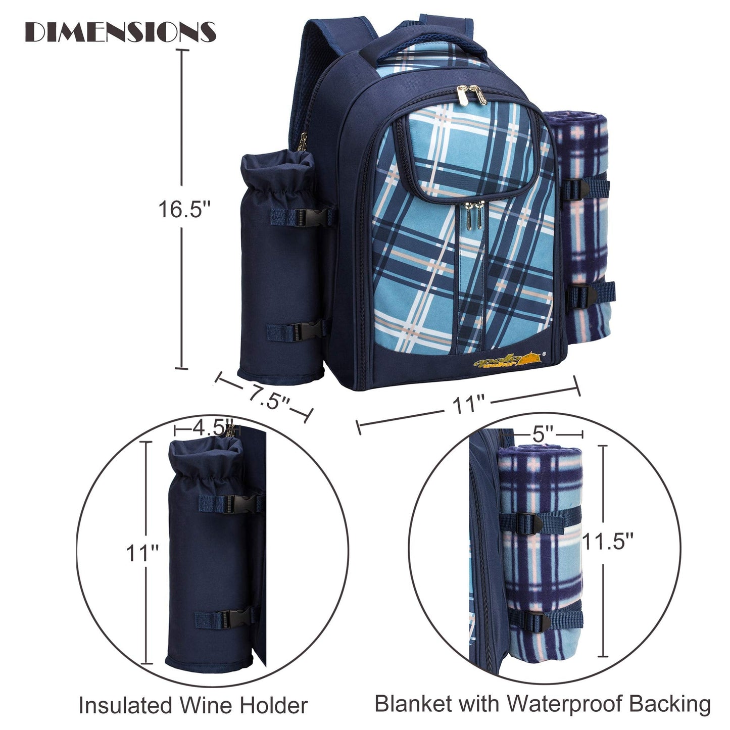 Apollo walker Picnic Backpack Set for 4 with Cooler Compartment,Detachable Bottle/Wine Holder Including Large Picnic Blanket(45"x 53") for Picnic Family and Lovers Gifts,Outdoor,BBQ Time (Blue)
