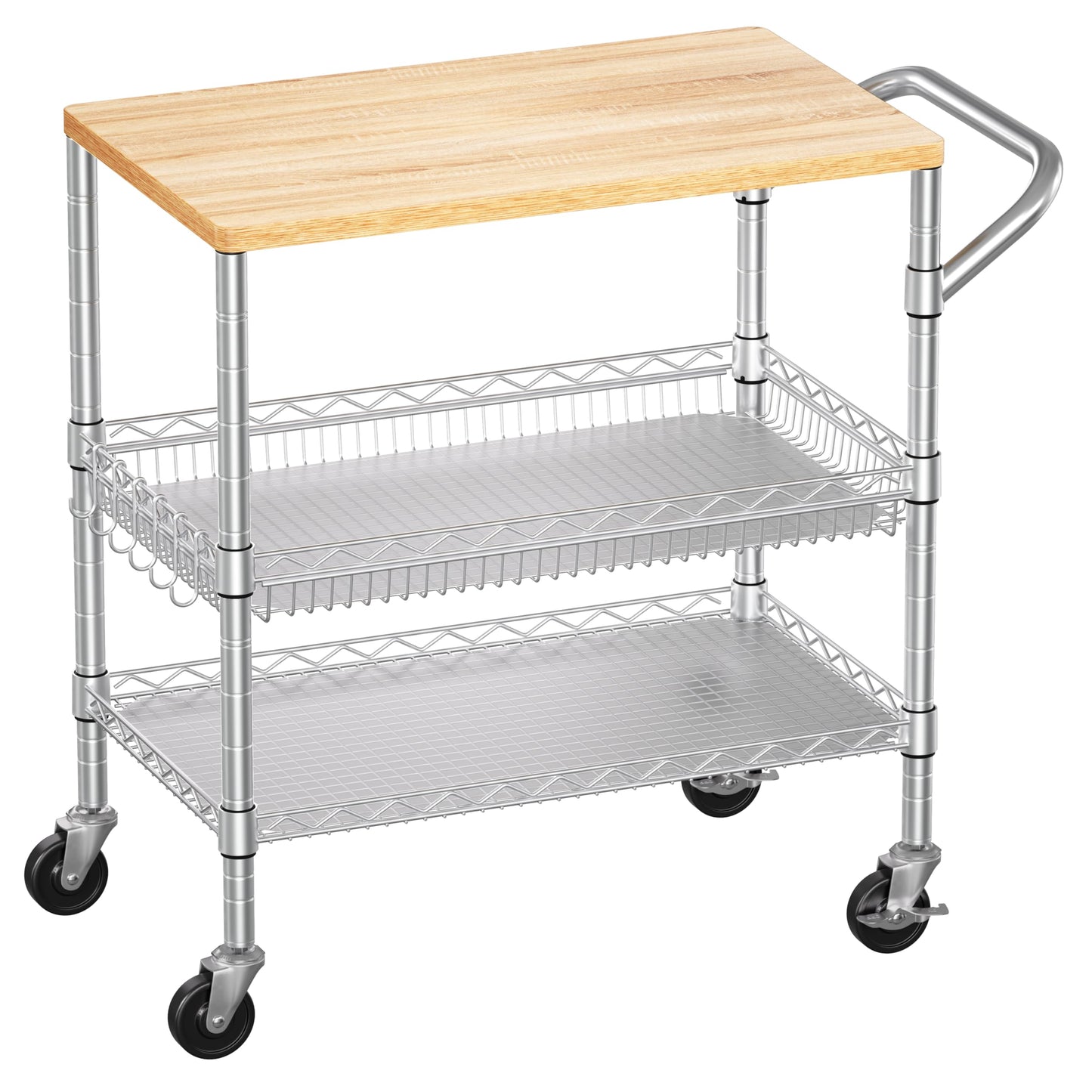 WDT 3 Tier Rolling Kitchen Carts with Wheels, Heavy Duty Rolling Utility Cart with Wood Tabletop, Commercial Grade Metal Cart with Handle and Hooks, NSF Storage Serving Island Carts, Light Wood+Metal