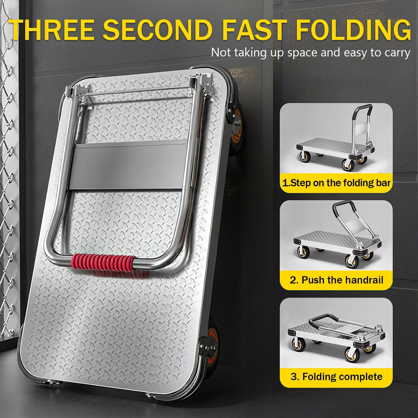 Folding Platform Trolley, Heavy-Duty Steel Utility Cart with Foldable Handrails for Space-Saving Storage, Ideal for Supermarkets, Garages & Warehouses