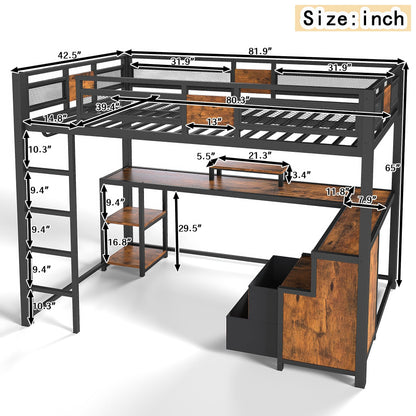 KEIKI Twin XL Loft Bed with L-Shaped Desk & Storage, Metal Frame with Ladder & Safety Rails, Space-Saving Industrial Loft Bed with Drawers for Teens, Adults, Black
