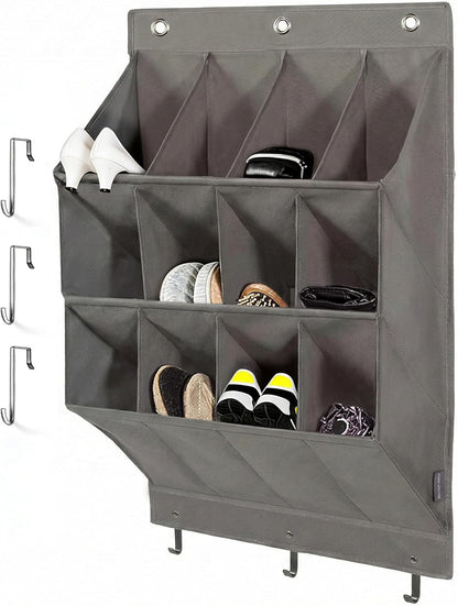 12 600D 6 Over the Door Shoe Organizer, Grey Pockets Hanging Shoe Storage Rack with Large Deep Pockets, Oxford Fabric