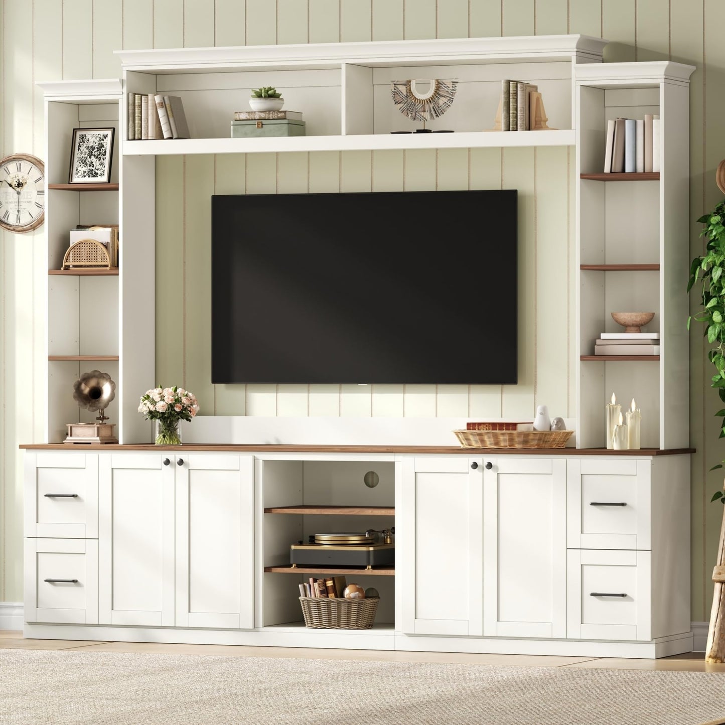 Ball & Cast 94.8" Entertainment Center Wall Unit with Bookshelf for TVs Up to 70",Farmhouse Large TV Stand with Walnut Adjustable Shelves,Retro Media Console with 4 Drawers for Living Room,White