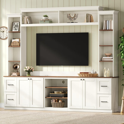 Ball & Cast 94.8" Entertainment Center Wall Unit with Bookshelf for TVs Up to 70",Farmhouse Large TV Stand with Walnut Adjustable Shelves,Retro Media Console with 4 Drawers for Living Room,White