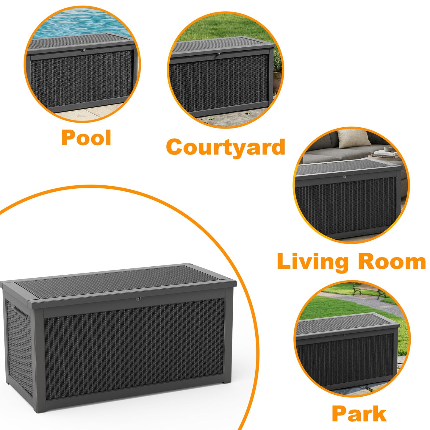 ROJIK 320 Gallon Deck Box Outdoor Waterproof,Weatherproof Outdoor Storage Boxes Lockable with Lid,Outside Resin Storage Bench for Patio Cushions,Garden Tools and Pool Accessories(Black)