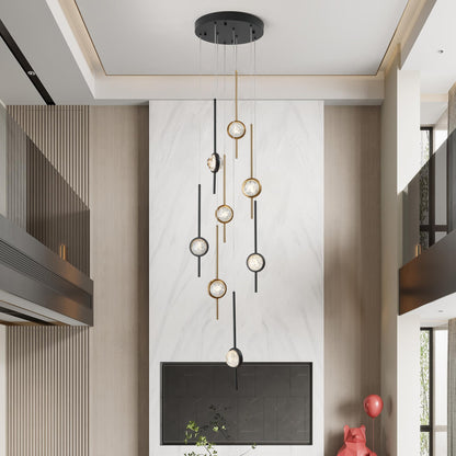 Voerqi 8-Light Chandelier,Crystal Globe Ball Bubble Chandelier with Special Black Gold pins.Black and Gold Chandelier for Spiral Staircase, Foyer, Entryway,High Ceiling (24W)