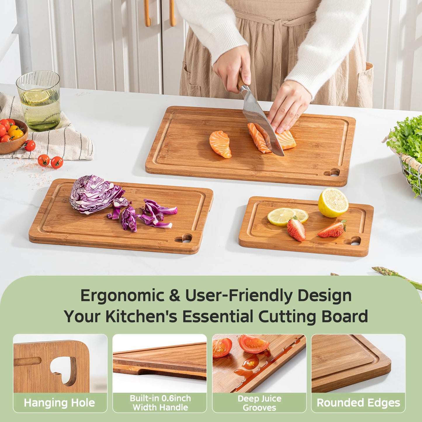 Vocvee Bamboo Cutting Boards for Kitchen(Set of 3), Wood Cutting Board with Wood Storage Stand, Charcuterie & Chopping Board for Vegetables and Meat, with Deep Juice Groove, Ideal Kitchen Gifts