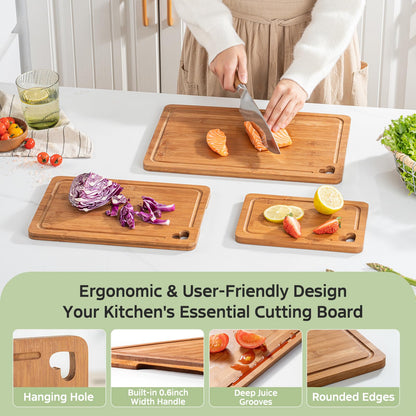 Vocvee Bamboo Cutting Boards for Kitchen(Set of 3), Wood Cutting Board with Wood Storage Stand, Charcuterie & Chopping Board for Vegetables and Meat, with Deep Juice Groove, Ideal Kitchen Gifts